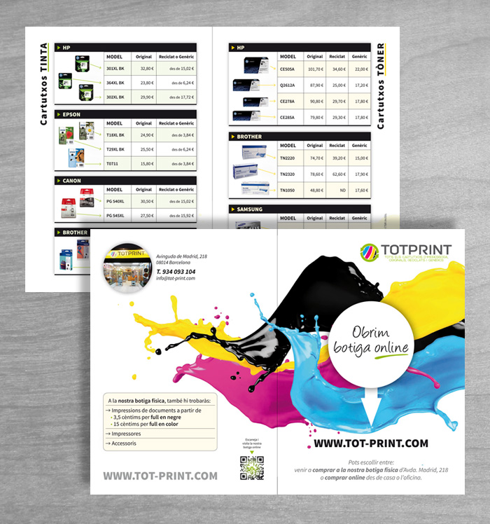 TotPrint > Diseño de folleto díptico A4 para tienda de consumibles para impresoras.