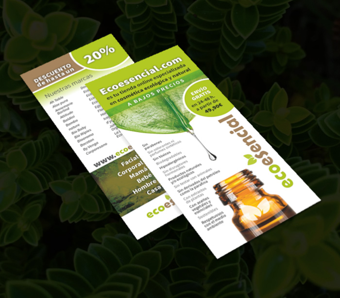 EcoEsencial > Flyer publicitario para tienda online de productos cosméticos ecológicos y naturales.