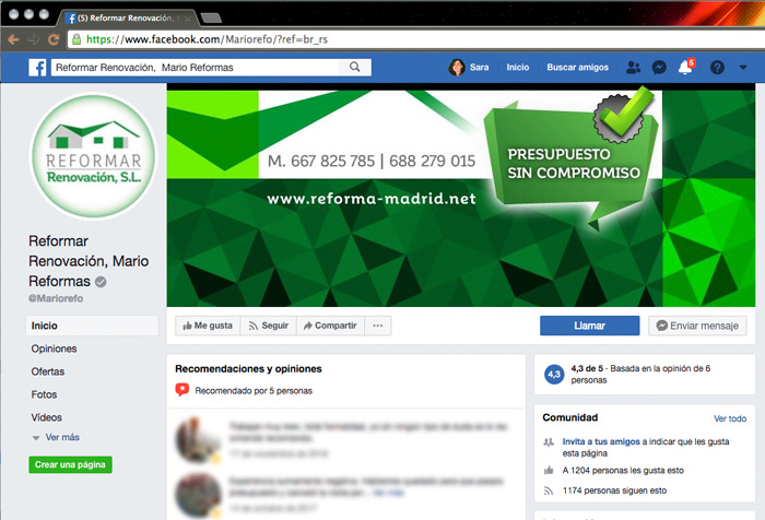 Reformar RENOVACIÓN > Portada cabecera en FB para empresa de reformas en Madrid.